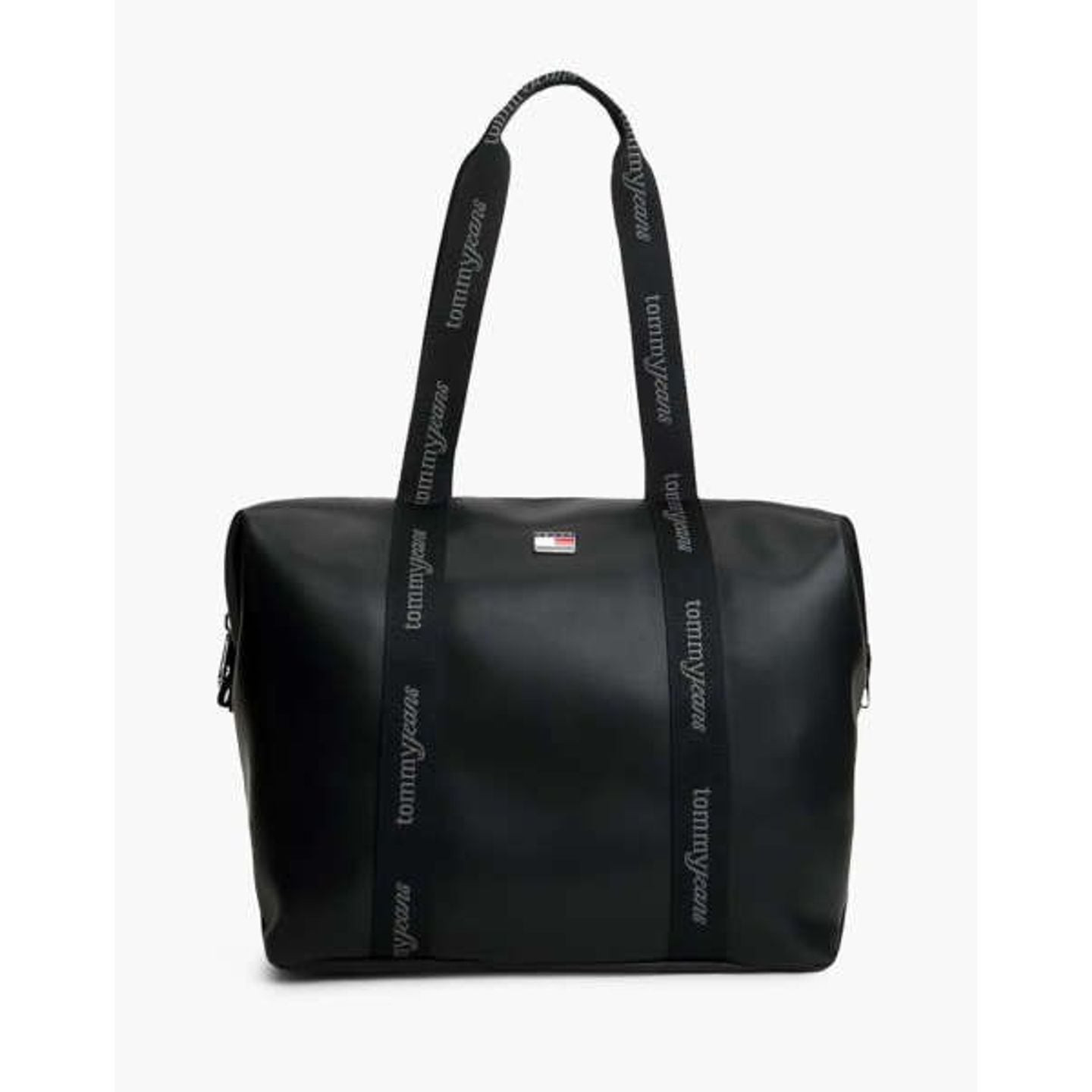 Vue angulaire du sac tote noir Tommy Jeans montrant fermeture zippée latérale et anses logo