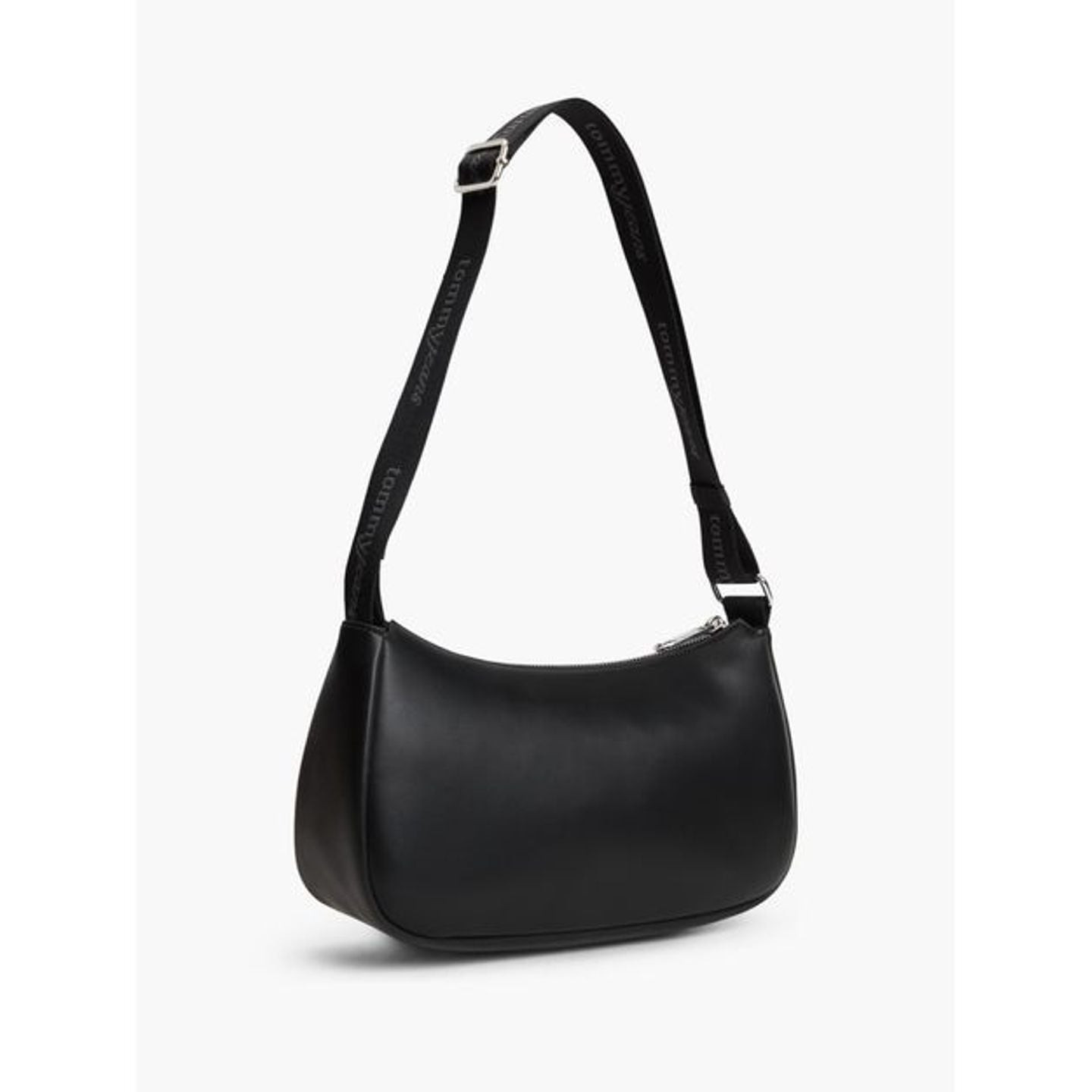 Packshot du sac d'épaule TJW Daily Elevated noir avec bandoulière logo réglable, vue de profil