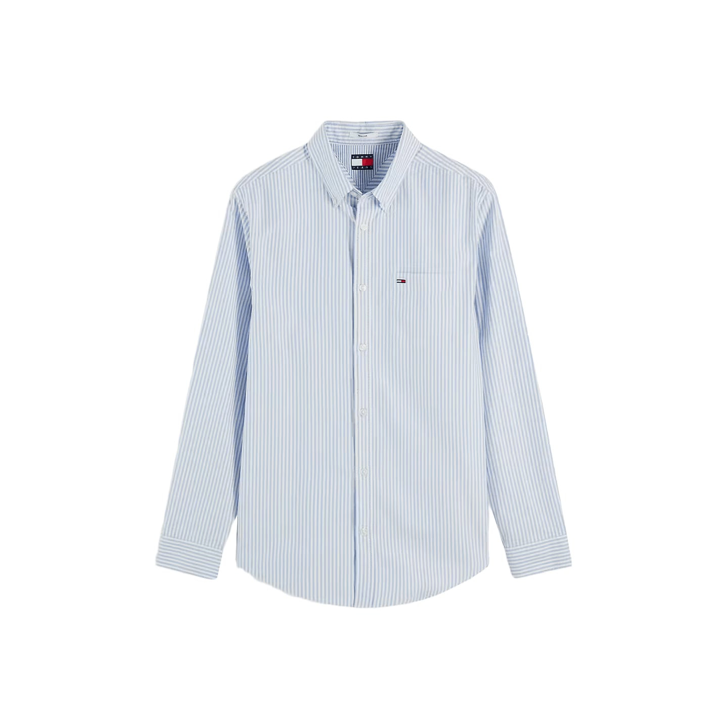 Chemise homme Tommy Jeans TJM Reg Stripe Oxford à rayures bleues et blanches, vue de face avec poche