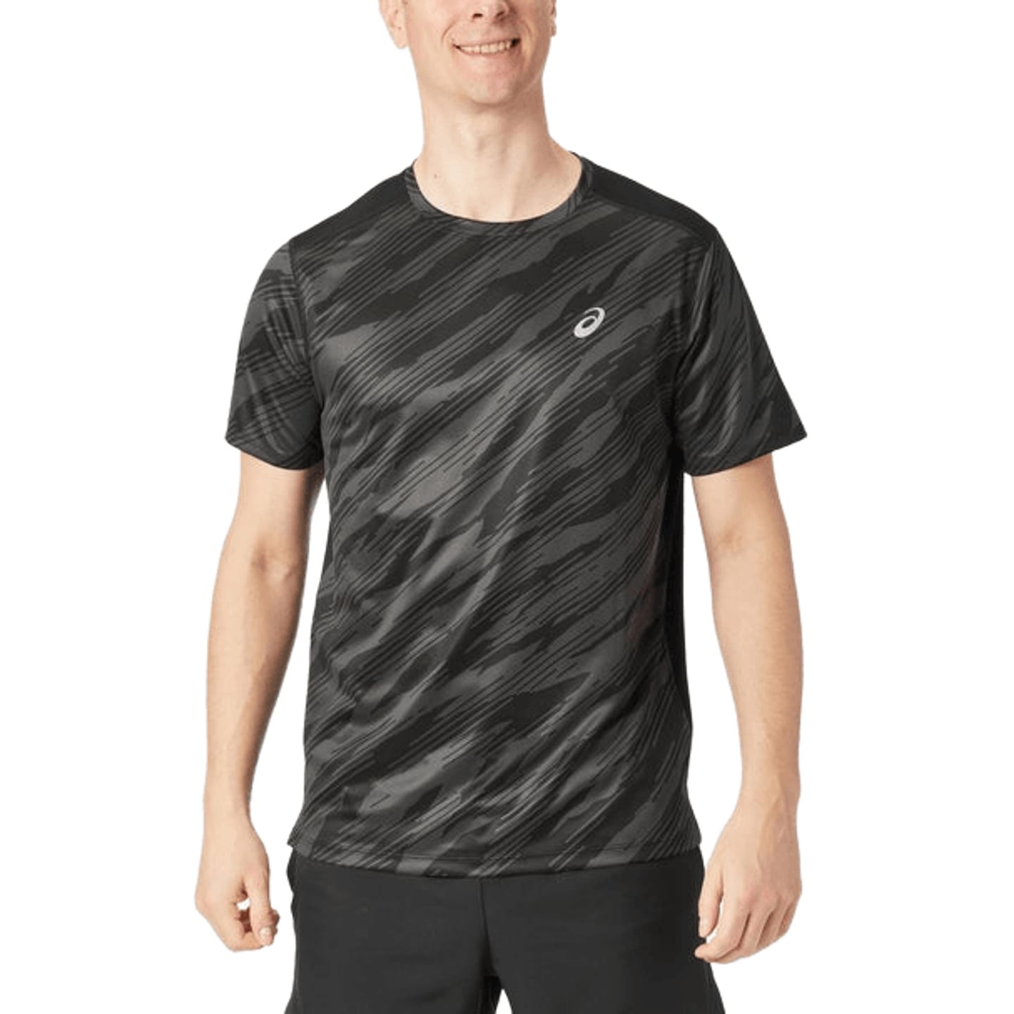 Homme portant un t-shirt de running ASICS Core All Over Print manches courtes gris foncé à motif abs