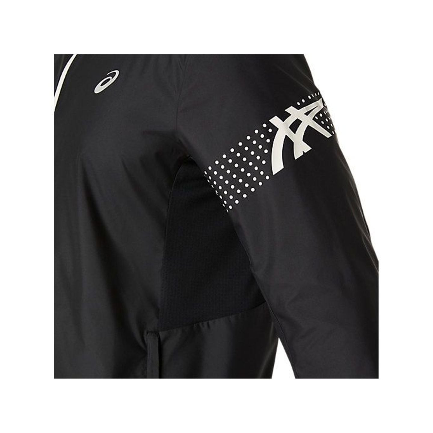 Détail de la veste Asics Veste De Running Déperlante Icon Jacket Homme : capuche et tissu déperlant.