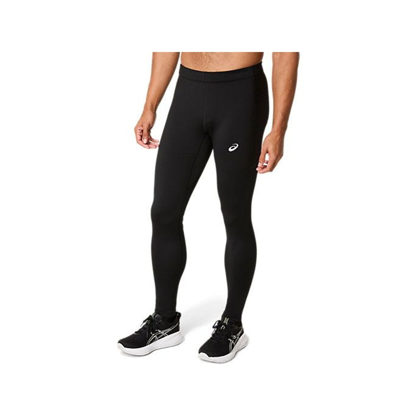 Vue de trois quarts avant du collant de running noir ASICS Core Winter Tight, coupe ajustée et logo 