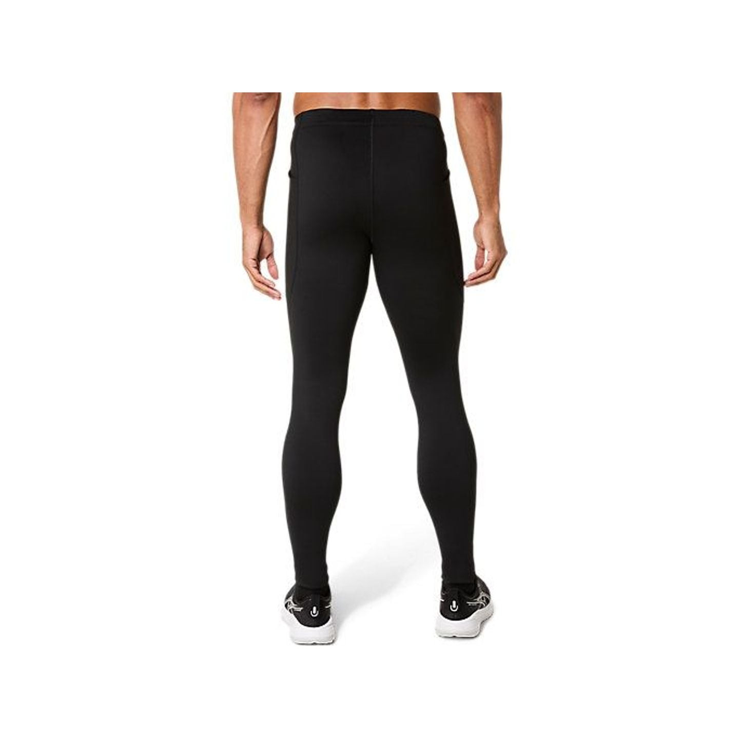 Vue arrière du collant de running ASICS Core Winter Tight noir pour homme, coutures plates et poche 