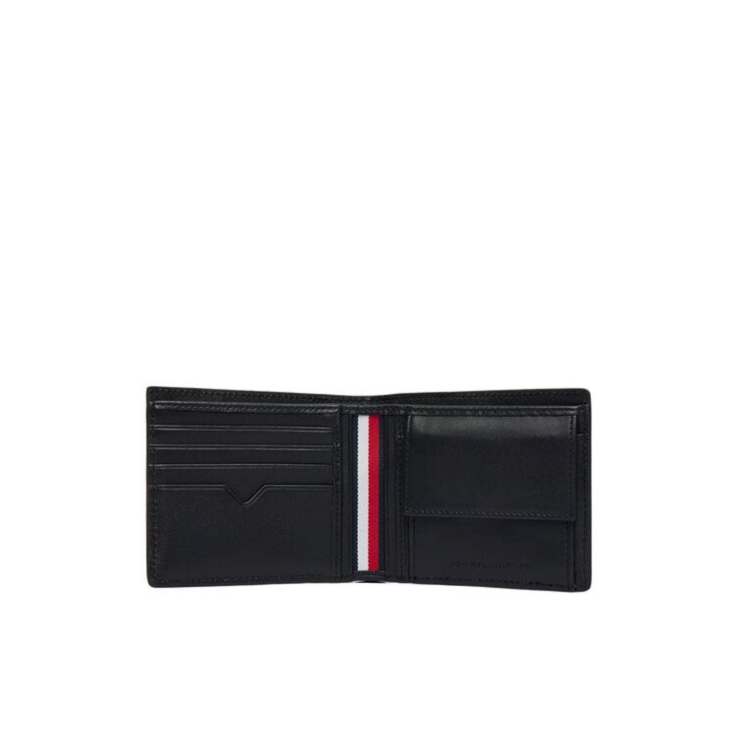 Portefeuille Tommy Hilfiger ouvert en cuir noir avec porte-cartes, poche à monnaie et ruban rayé.
