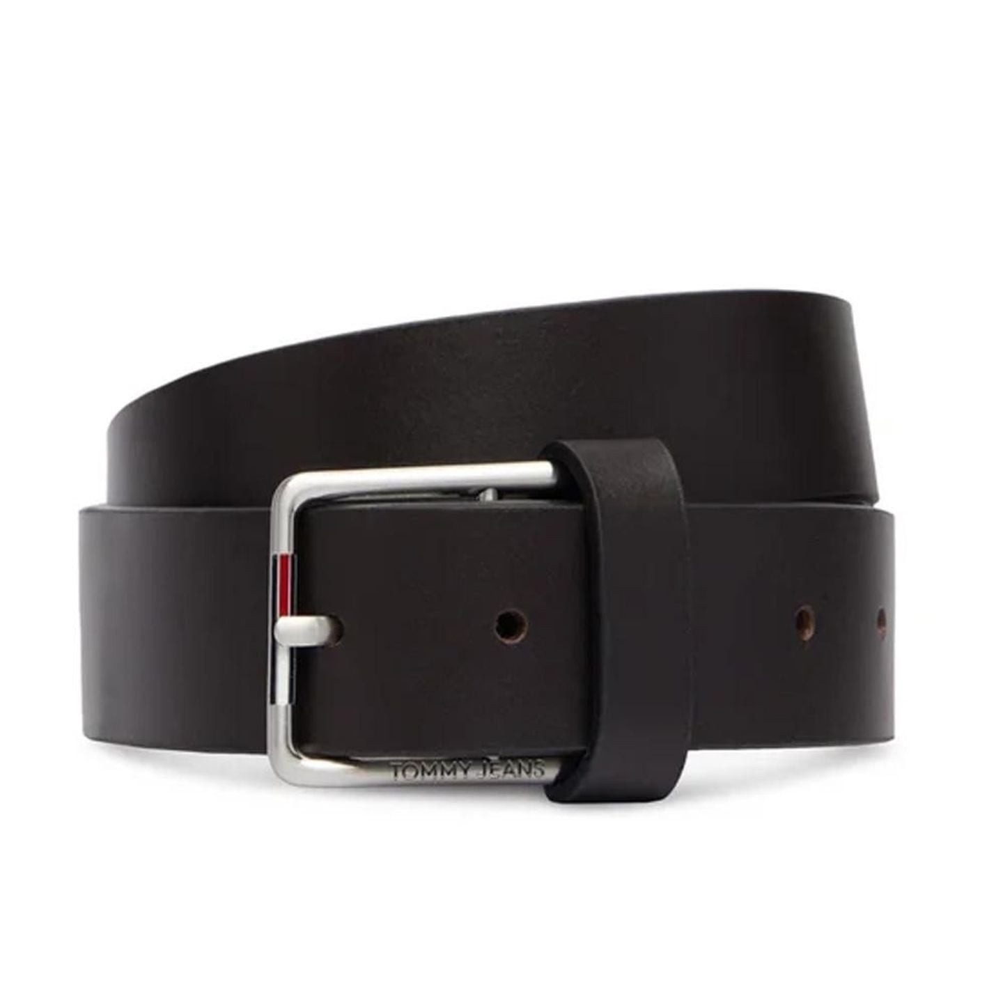 Ceinture en cuir marron foncé TJM Austin 3.5 à plat, boucle argentée, logo gravé et trous.