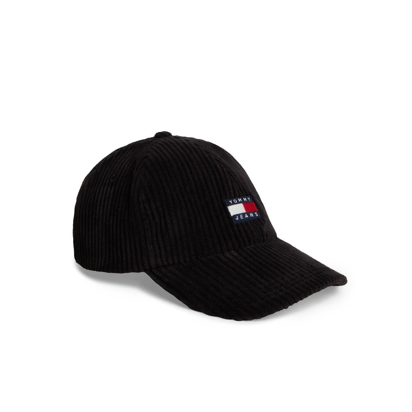 Casquette de baseball Tommy Jeans noire en velours côtelé vue de face, visière courbée et logo drape
