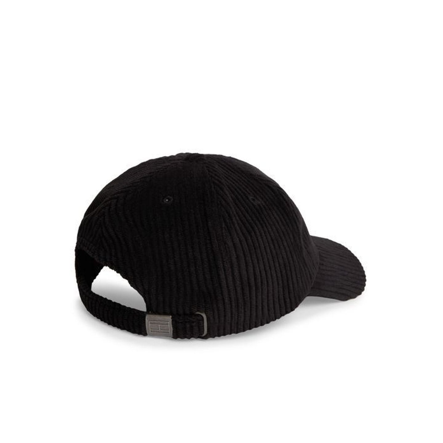 Vue arrière de la casquette Tommy Jeans en velours côtelé noir, fermeture strapback réglable et bouc