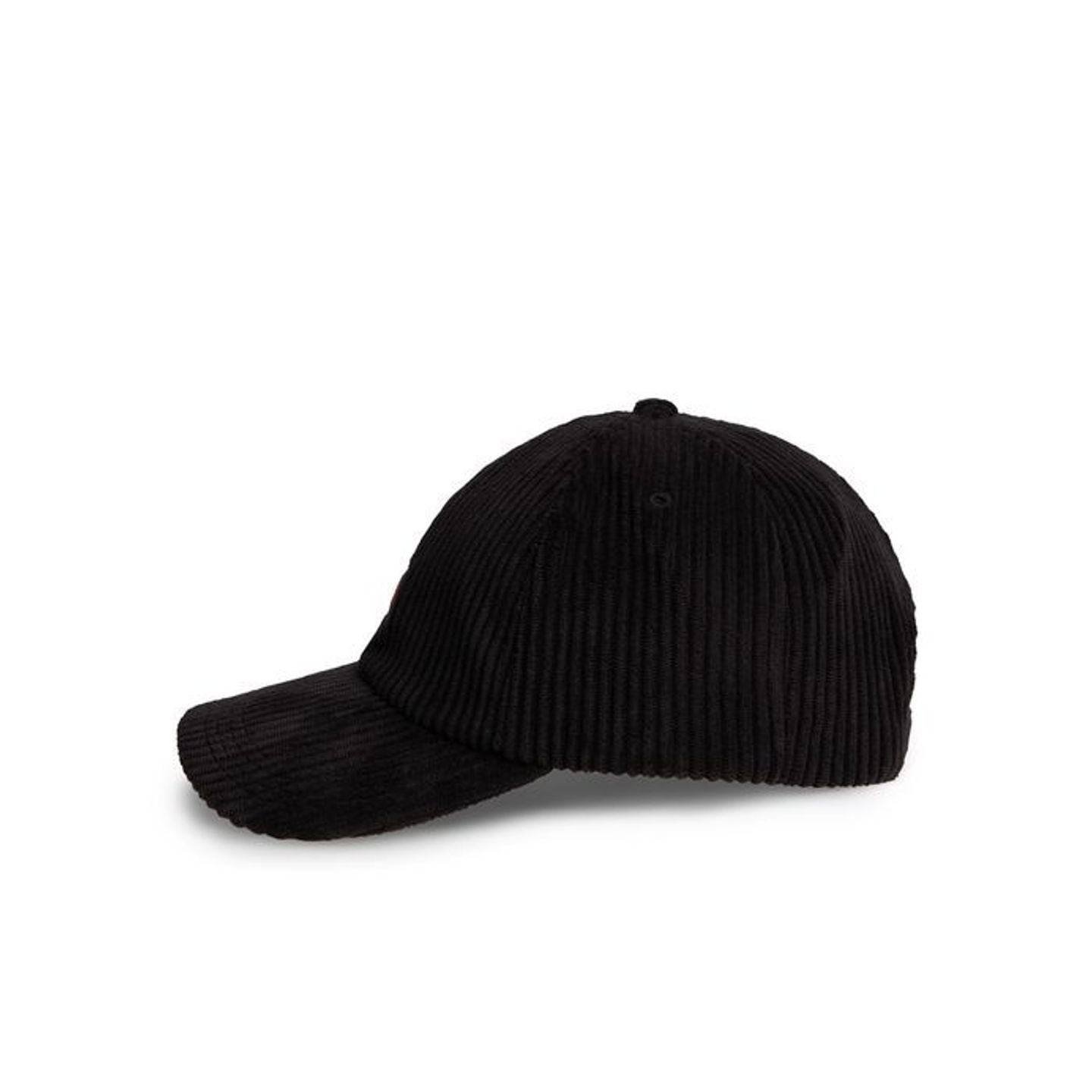 Profil latéral de la casquette de baseball Tommy Jeans noire en velours côtelé, six panneaux et visi