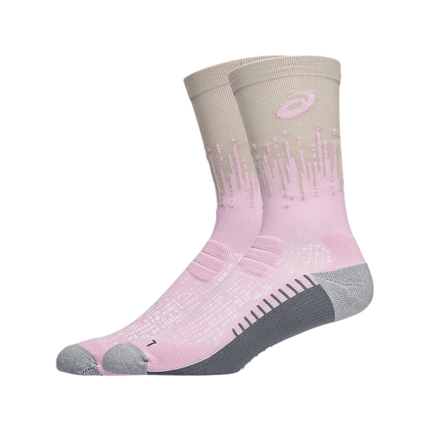 Paire de chaussettes ASICS Performance Run Crew rose et beige, talon et orteils gris, vue de côté in