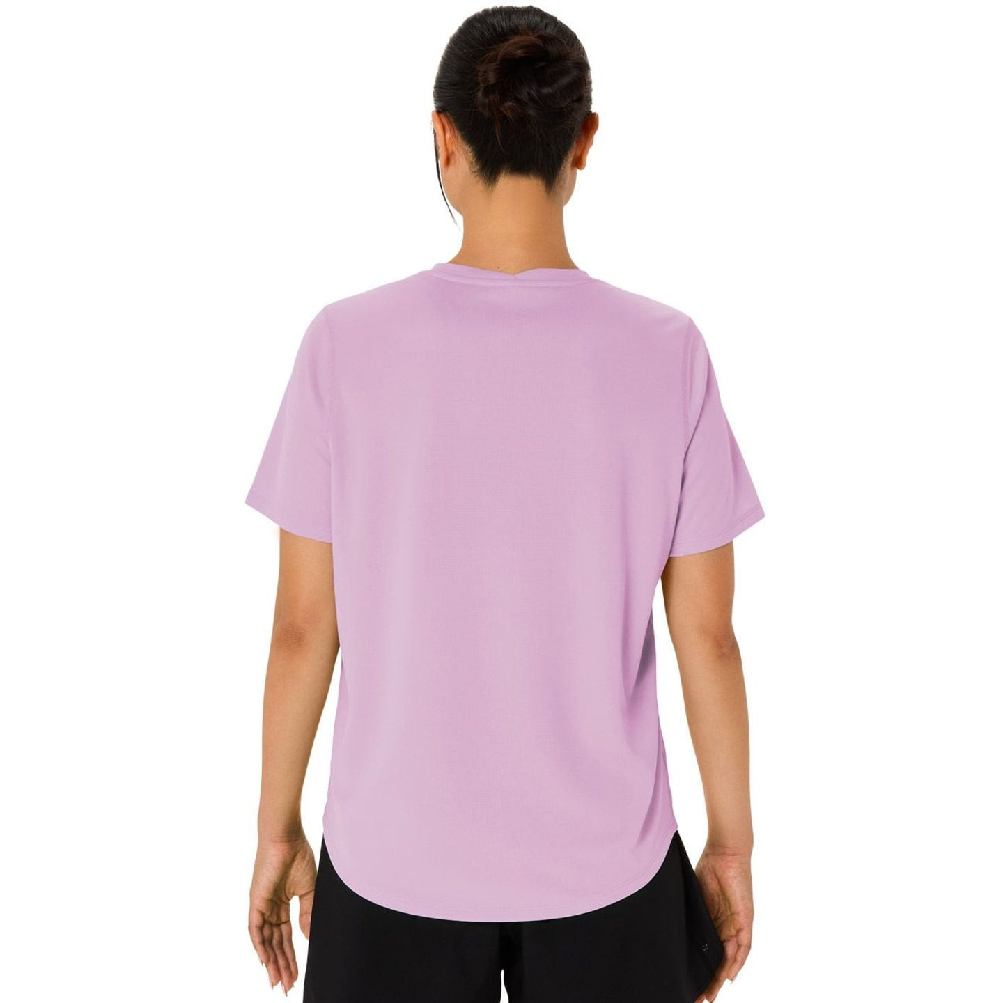 Vue arrière du t-shirt de running ASICS Core SS pour femme avec ourlet arrière allongé et coutures p