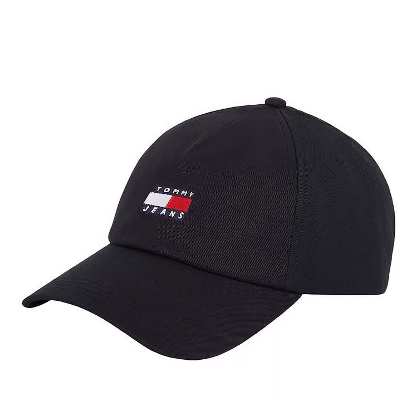 Vue de face de la casquette Tommy Jeans Heritage Core noire avec visière courbée et logo drapeau bro