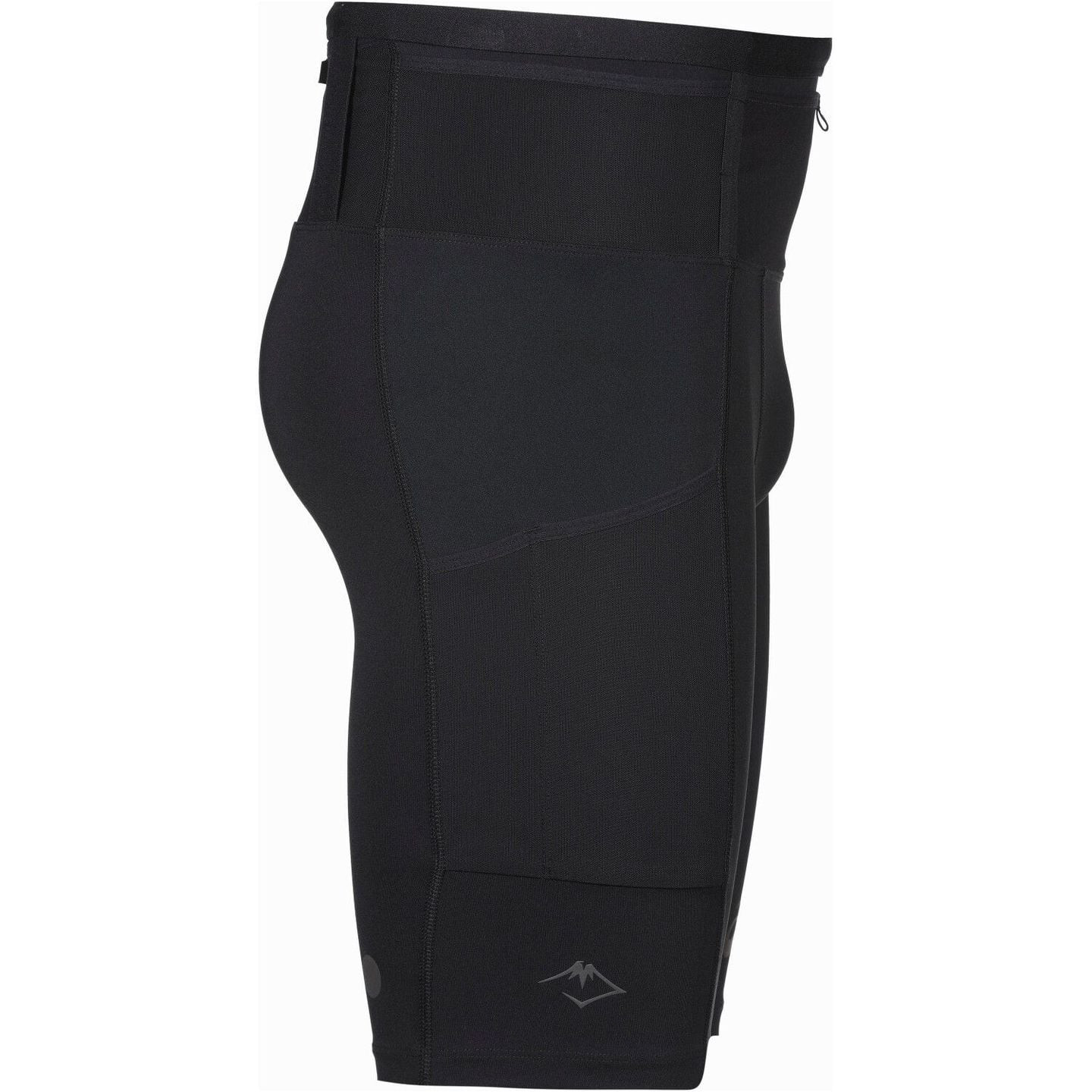 Vue de profil du short de trail noir ASICS FUJITRAIL ELITE SPRINTER avec logo montagne réfléchissant