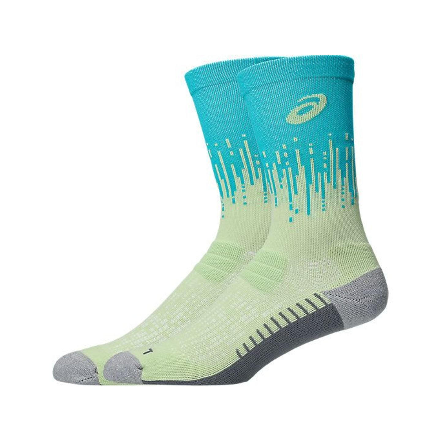 Deux chaussettes ASICS Performance Run Crew côte à côte, revers bleu canard dégradés vers le vert cl