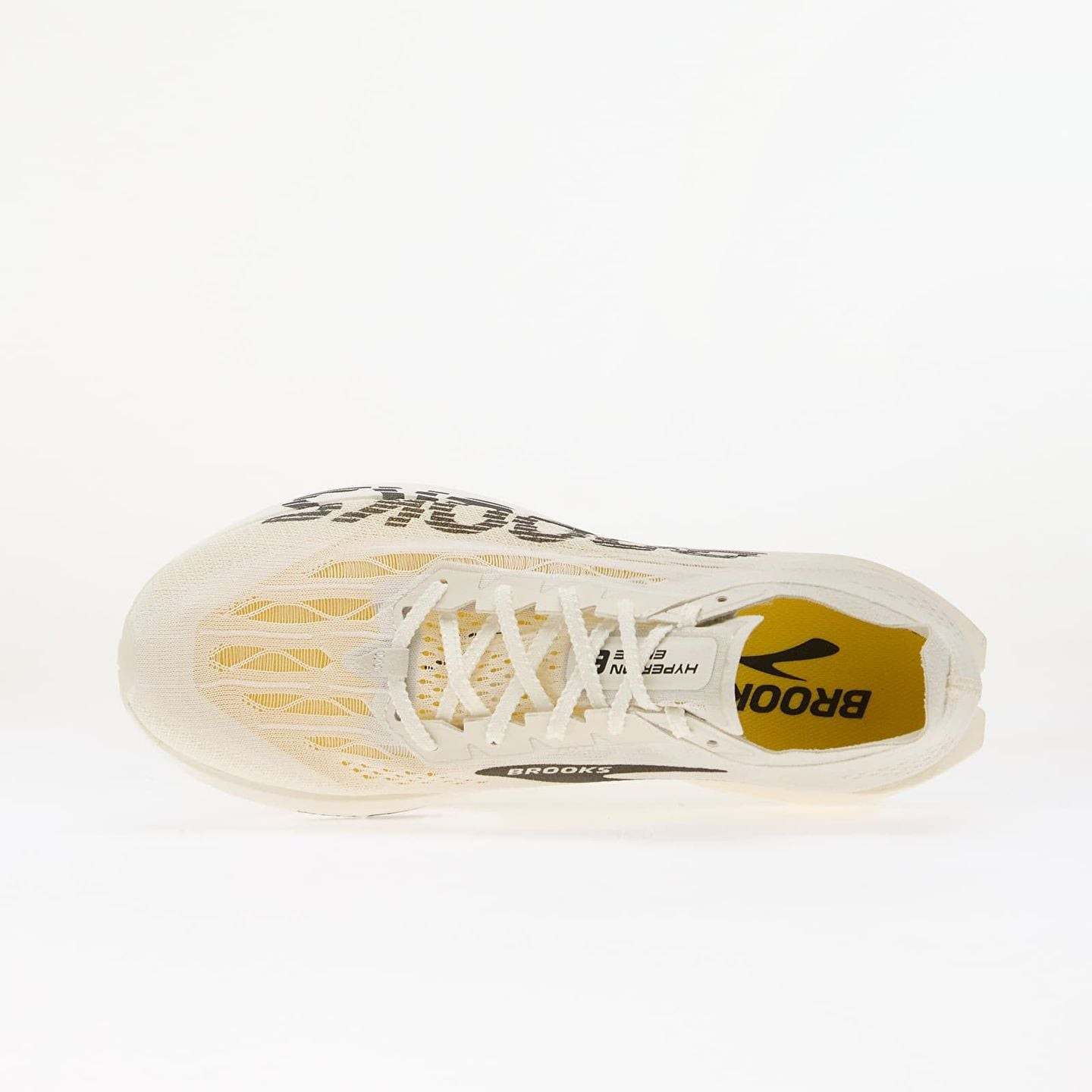 Vue de dessus de la Brooks Hyperion Elite 6 : lacets blancs, tige en maille et semelle intérieure ja