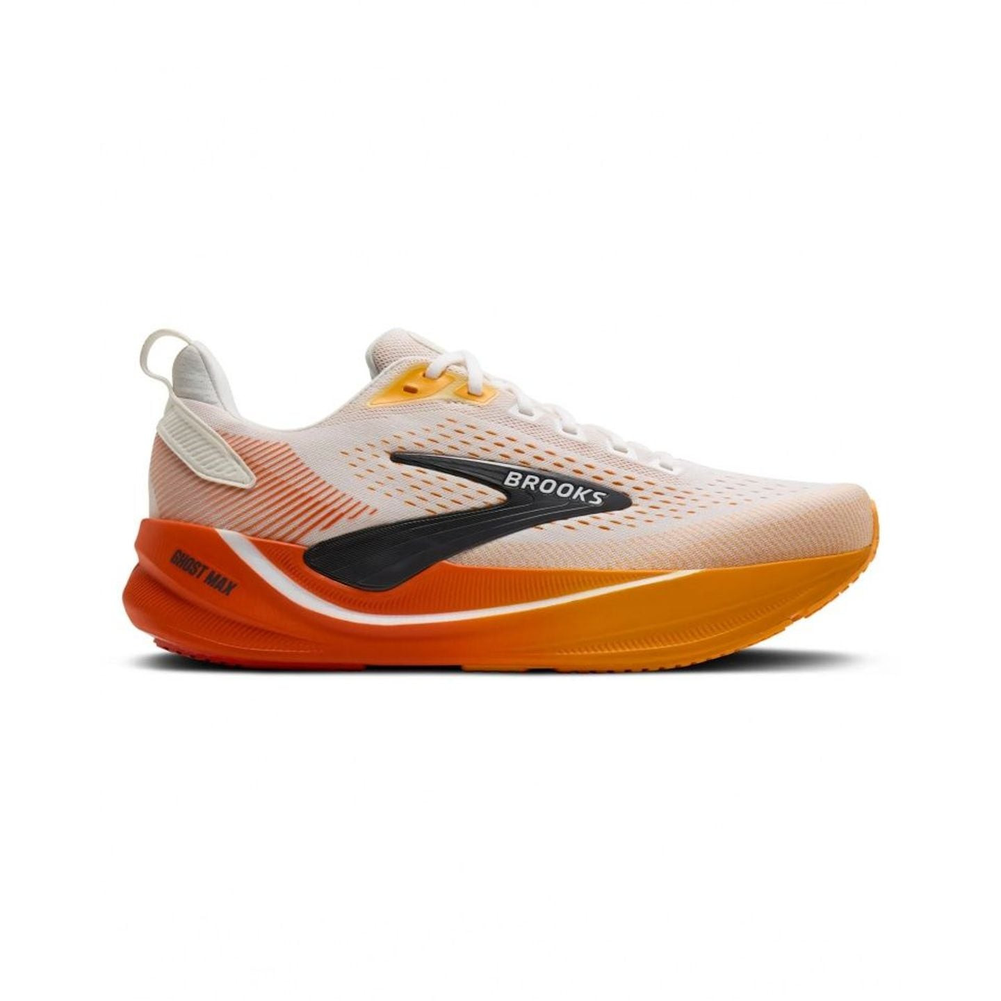 Chaussure de running route homme Brooks Ghost Max 4 blanche et orange, profil montrant l'épaisse sem