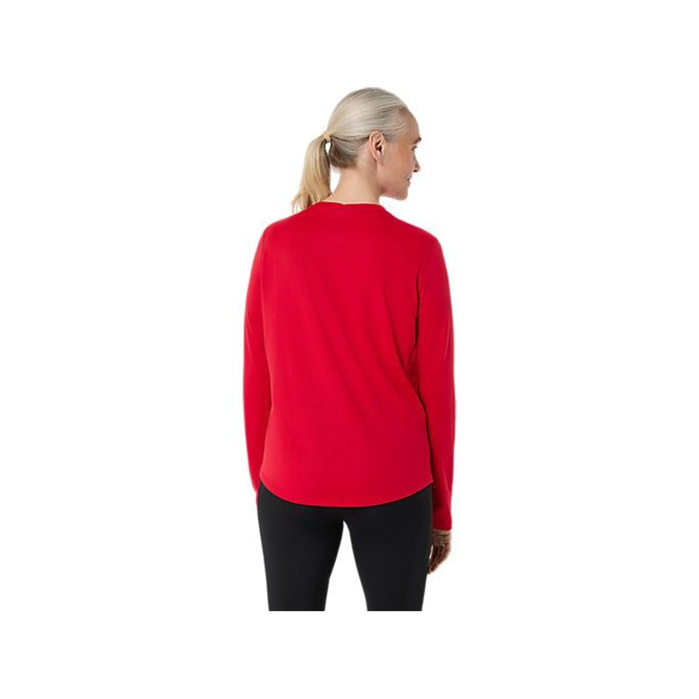 Vue de dos du haut ASICS CORE LS TOP rouge, ourlet légèrement arrondi et manches longues
