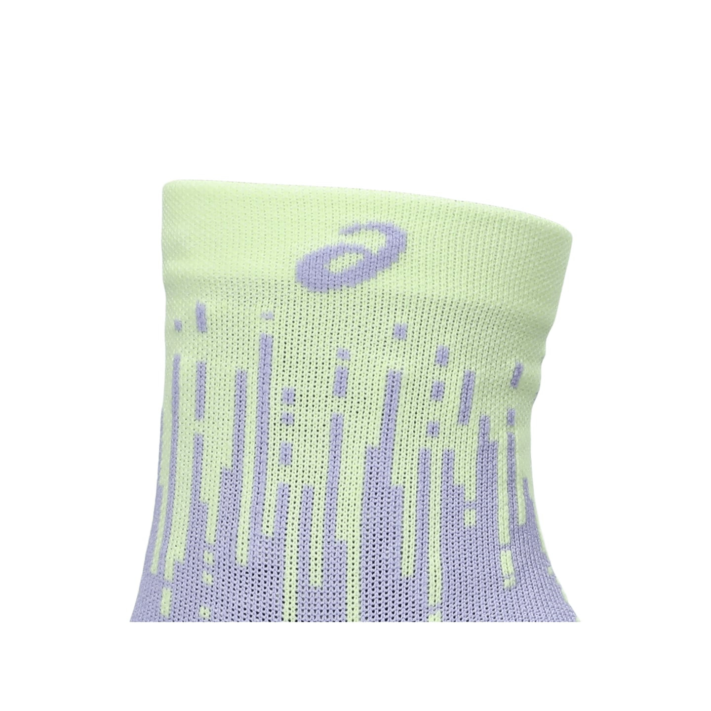 Détail du col de chaussette de running ASICS vert citron avec logo lavande et maille verticale sur f