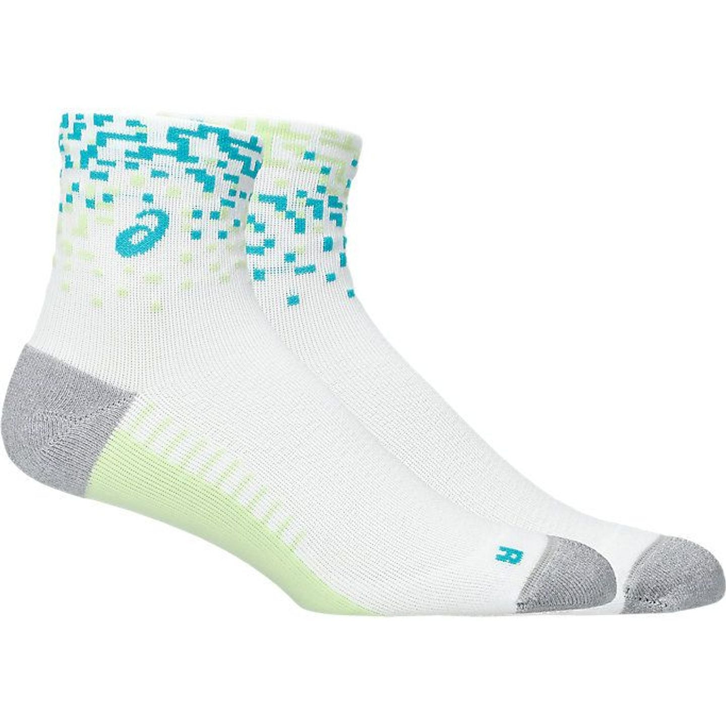Chaussettes ASICS Performance Run Quarter blanches/vert clair, profil, talon et pointe gris amortis,