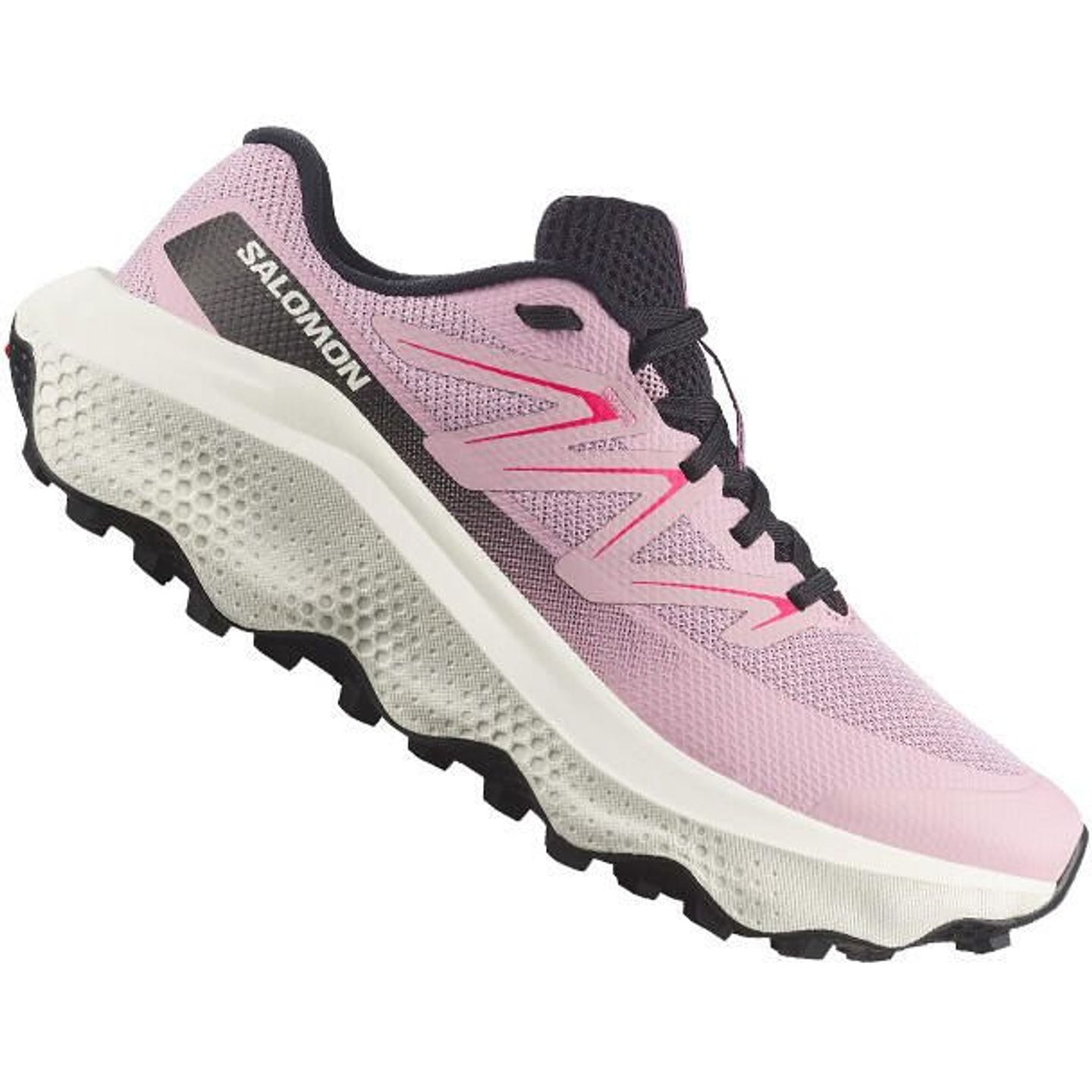 Vue inclinée de la chaussure Salomon Ultra Flow 2 W rose avec semelle Energy Foam et reliefSPHERE