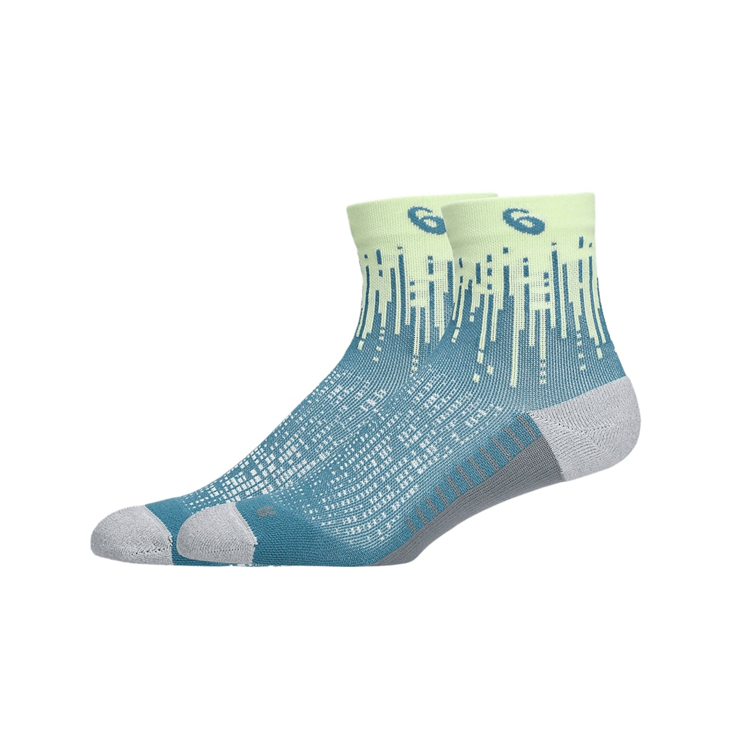 Paire de chaussettes de running ASICS Performance Run Quarter vert clair, bleu canard et gris, vue d