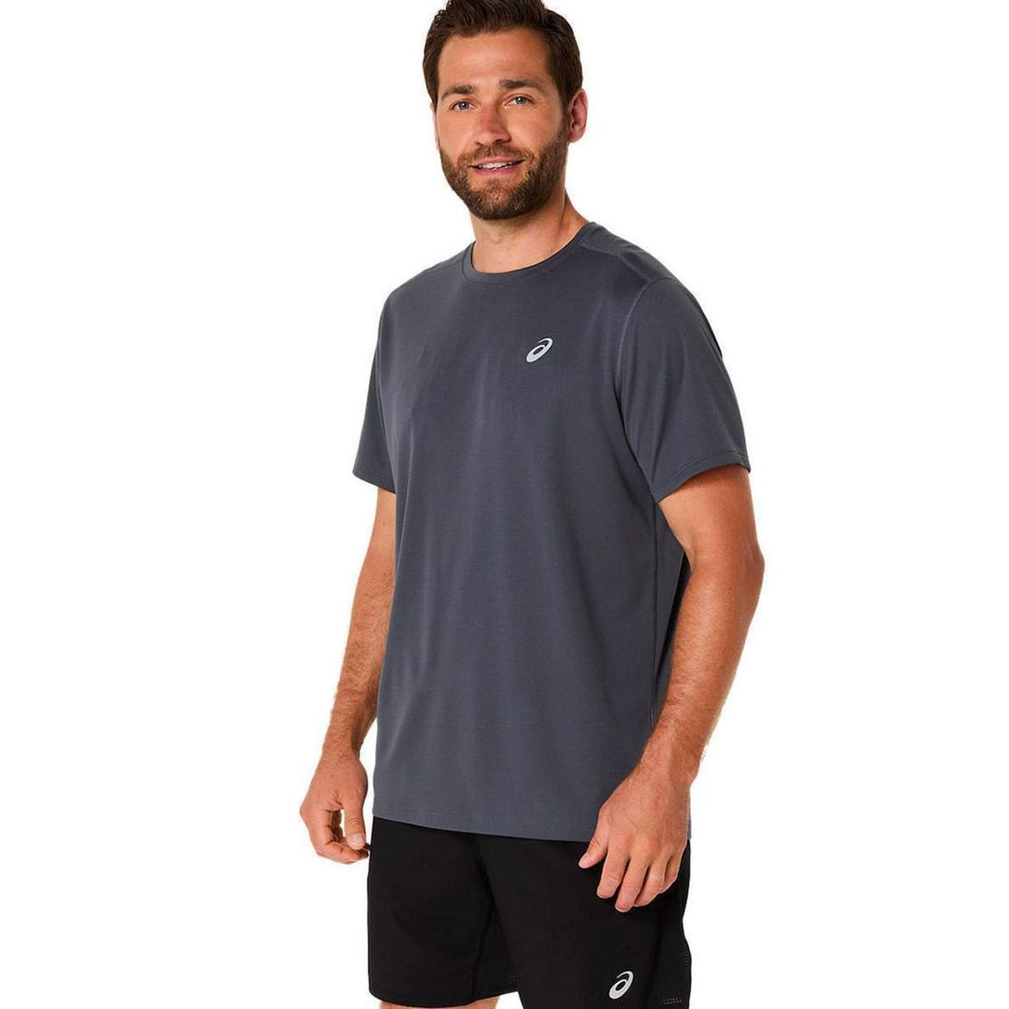 Homme portant le t-shirt Asics T-Shirt De Running Core SS Top Séchage Rapide.