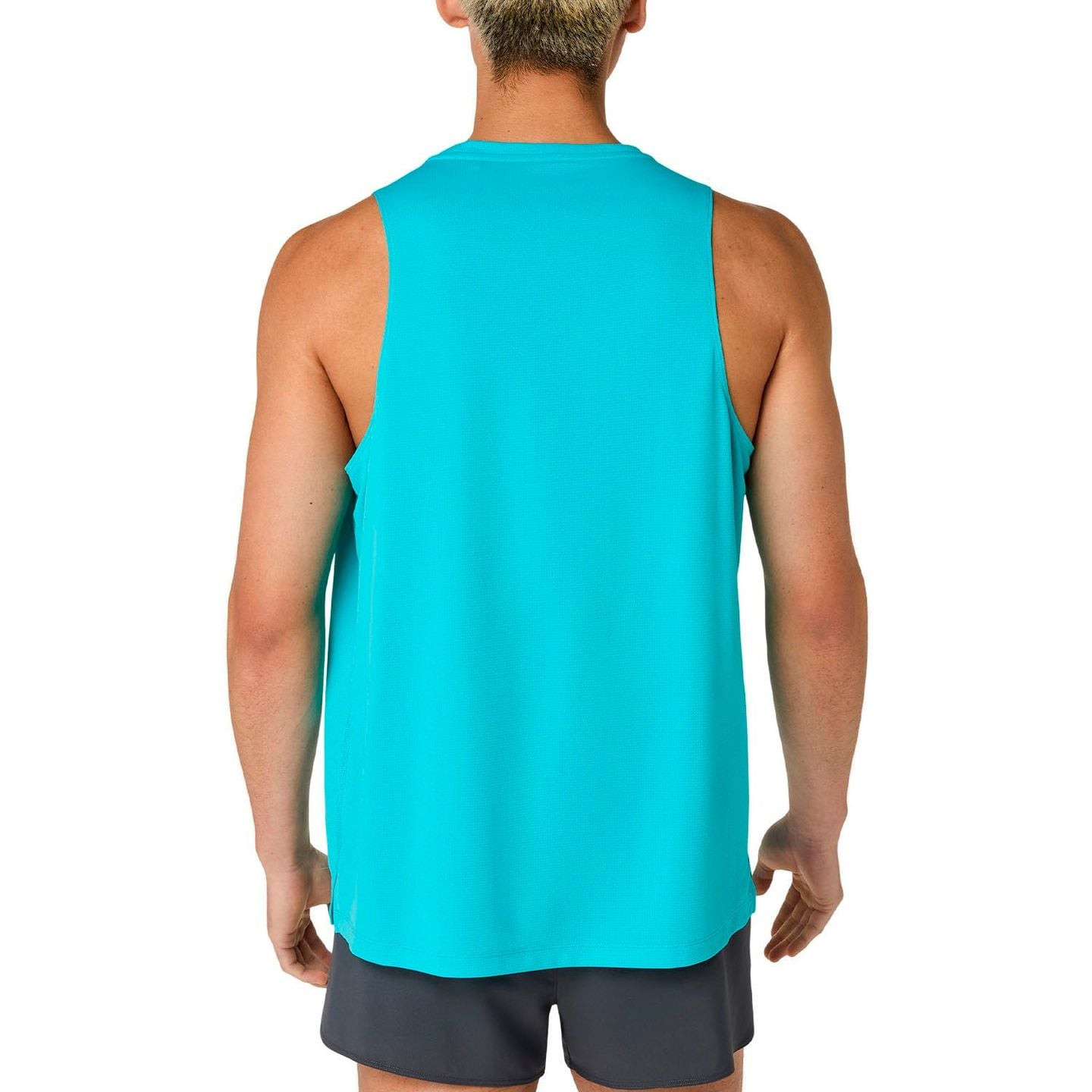 Vue arrière du débardeur ASICS Core turquoise montrant la coupe sans manches et le panneau dorsal re
