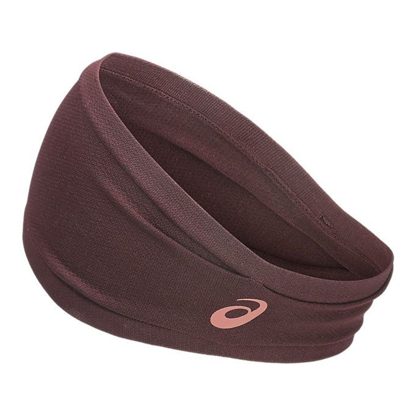 Bandeau ASICS PERFORMANCE HEAD BAND bordeaux vu de biais avec logo rose doré à l'avant