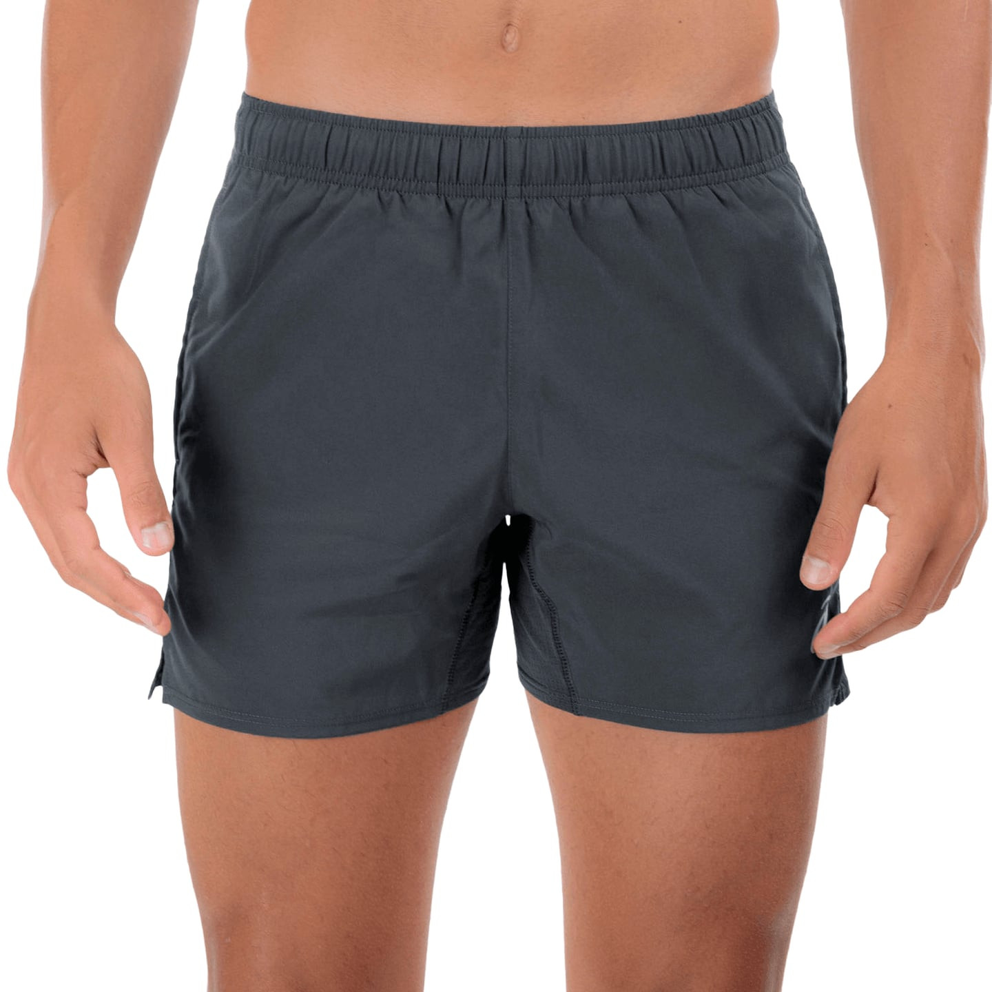 Vue de face du short ASICS Core Split gris foncé, ceinture élastique et tissu à séchage rapide