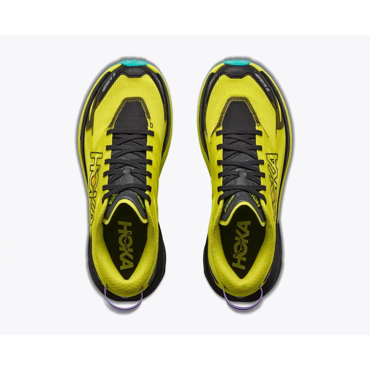 Packshot de la HOKA Chaussures De Trail Running Mafate 5 Amorti Maximal Vibram Homme, vue de profil.