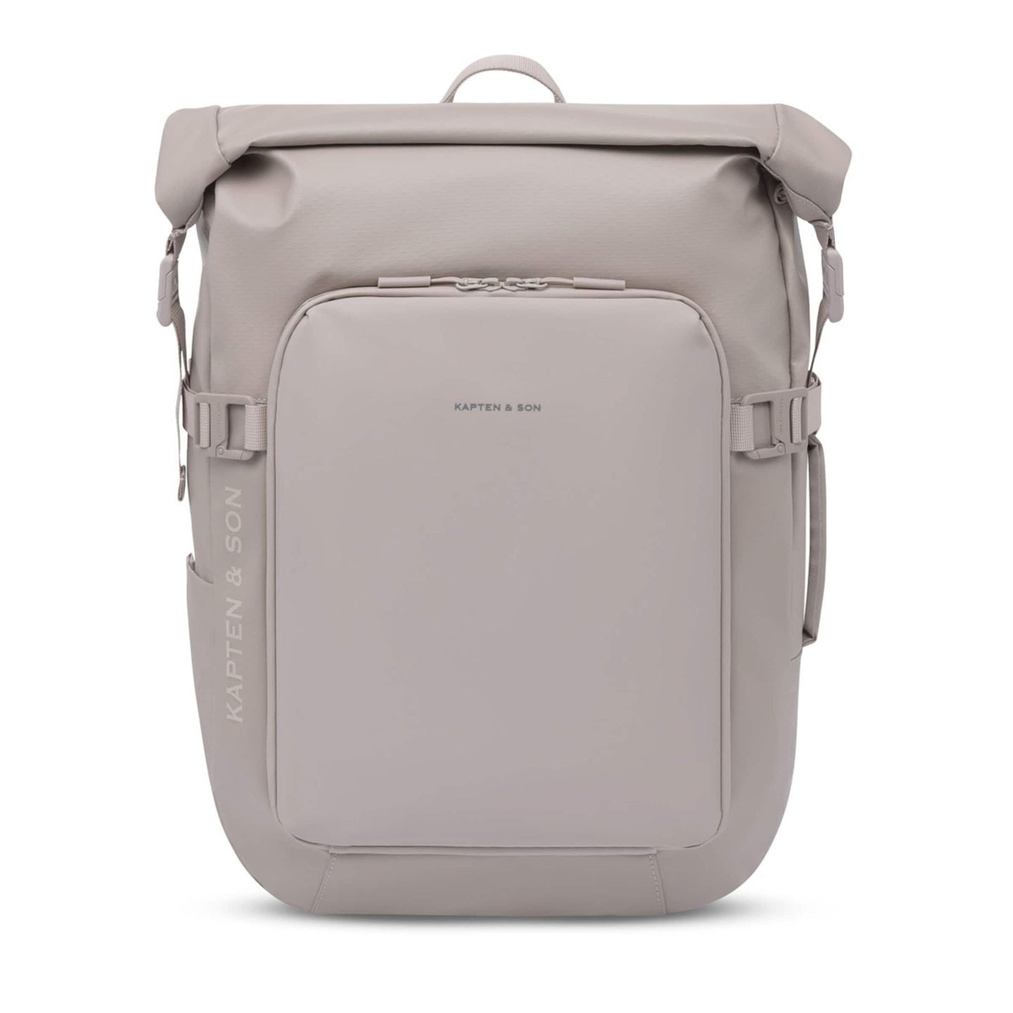 Vue de face du sac à dos rolltop Kapten & Son Lisbon Pro Rose poudré avec compartiment ordinateur re