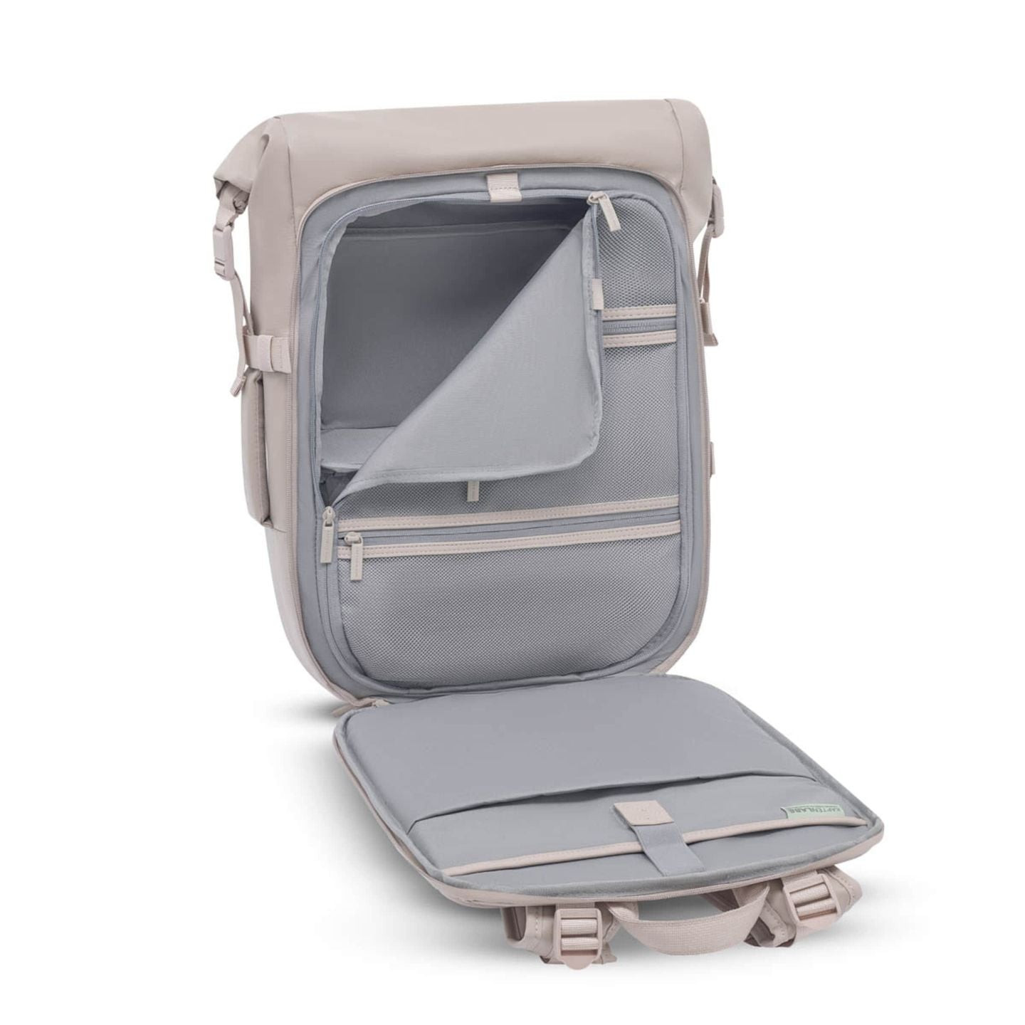 Intérieur du sac à dos Lisbon Pro : housse PC rembourrée, poches en mesh et compartiment zippé.