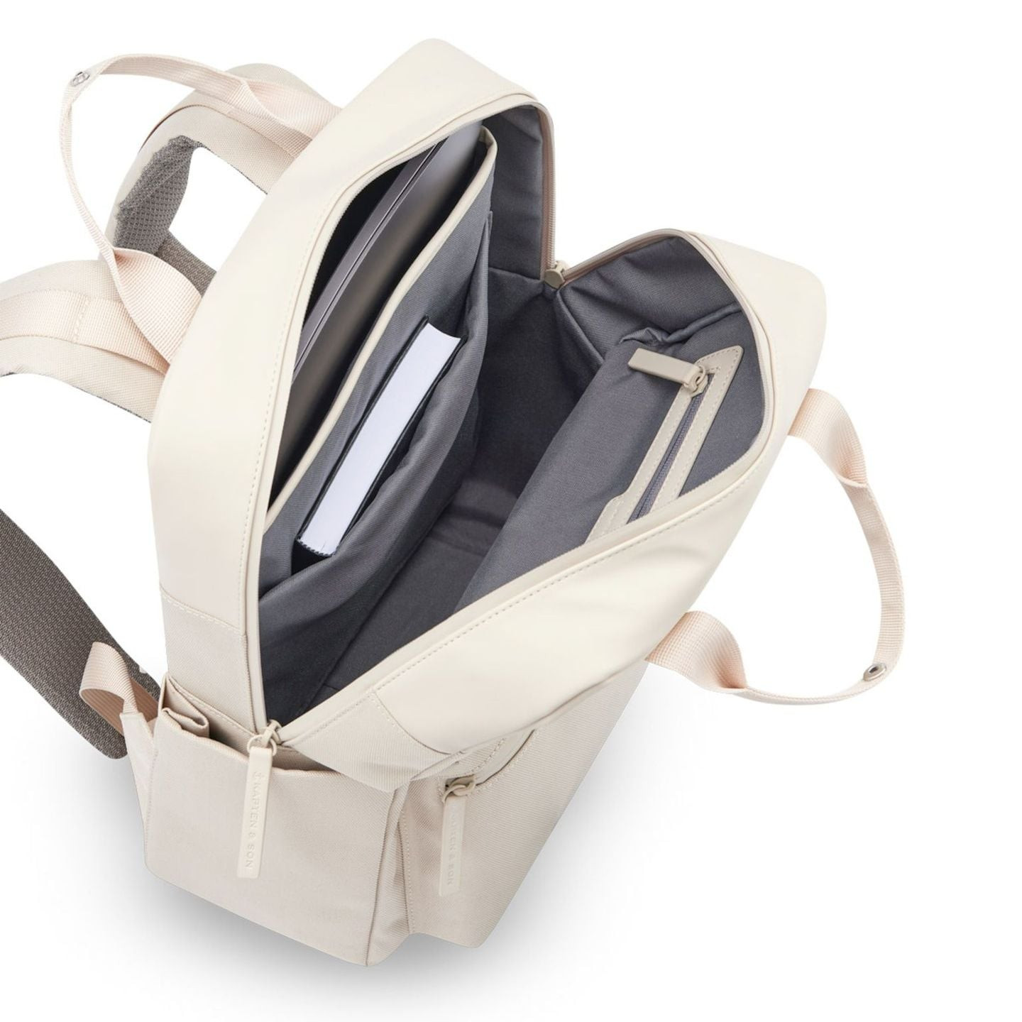Sac à dos Bergen Pro Sandstone ouvert : compartiment ordinateur 15 pouces rembourré, poche tablette 