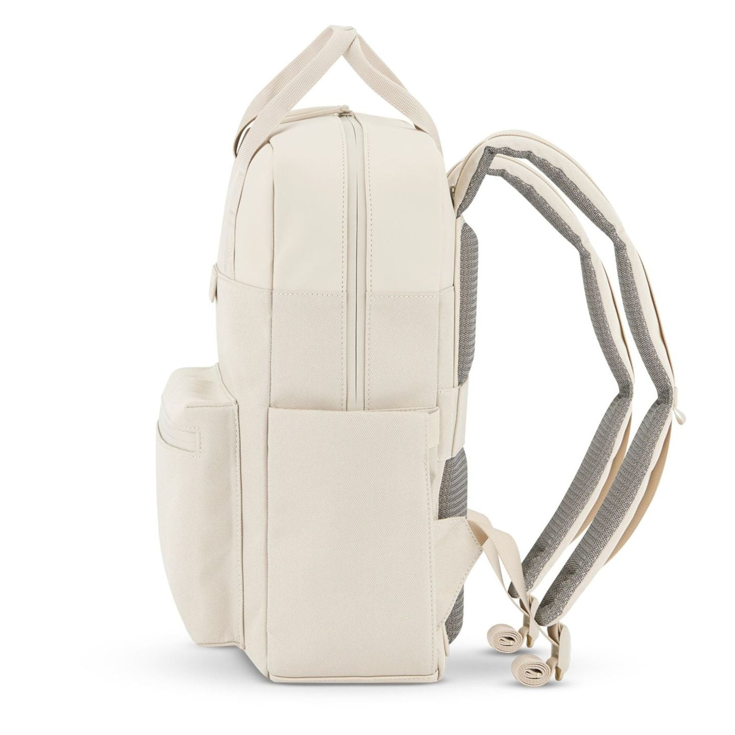 Profil latéral du sac à dos Kapten & Son Bergen Pro Sandstone, fin, poche latérale et bretelles remb