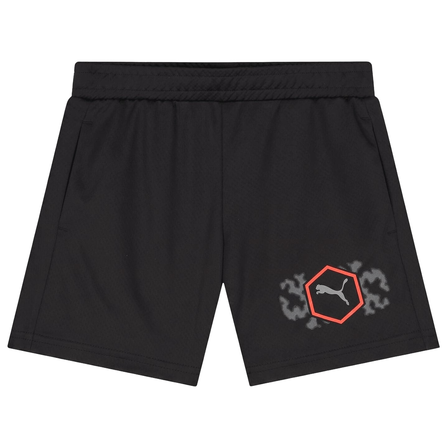 Short PUMA Active Sports Poly noir junior, taille élastique, poches latérales et logo chat rouge sur