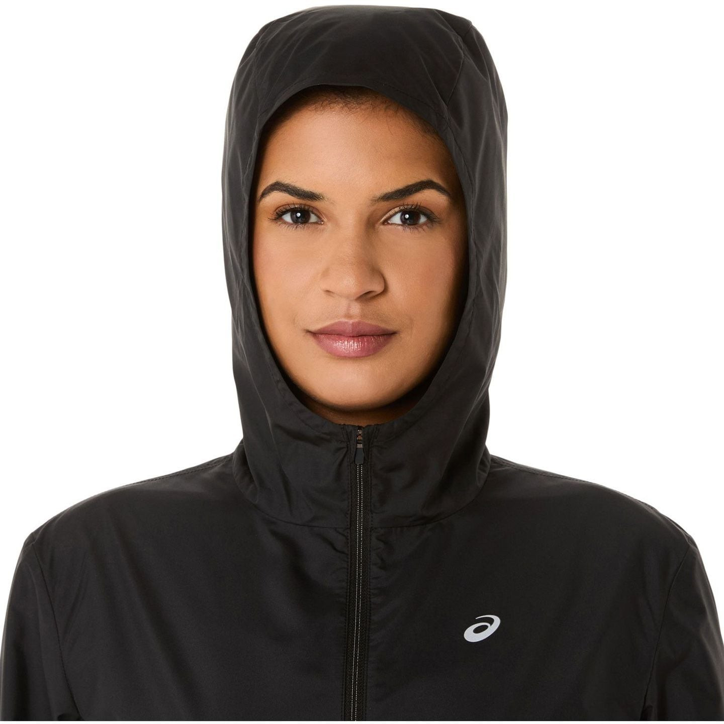 Détail de la veste Asics Veste De Running Déperlante Coupe-Vent Core Jacket Femme, capuche et tissu 