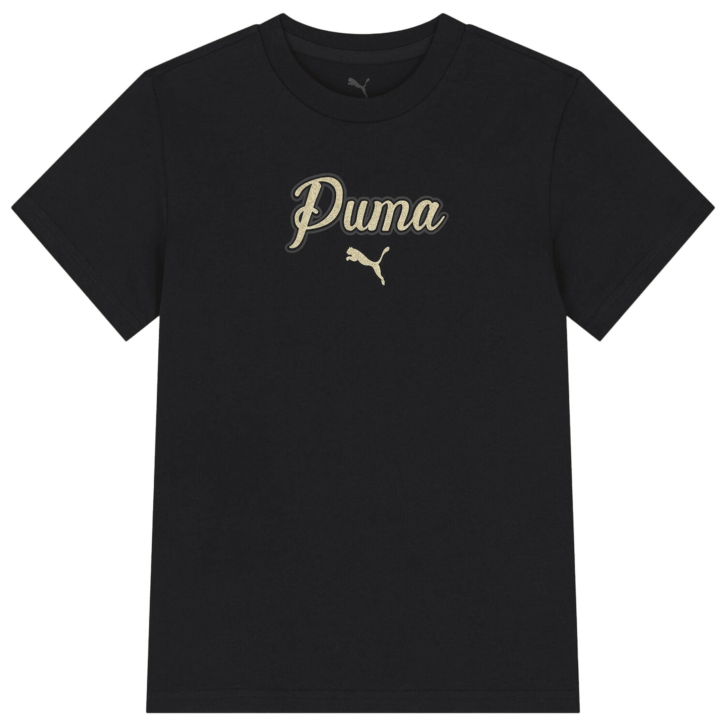 Vue de face du t-shirt noir PUMA ESS Script Glitter Tee G avec logo script doré pailleté et petit lo