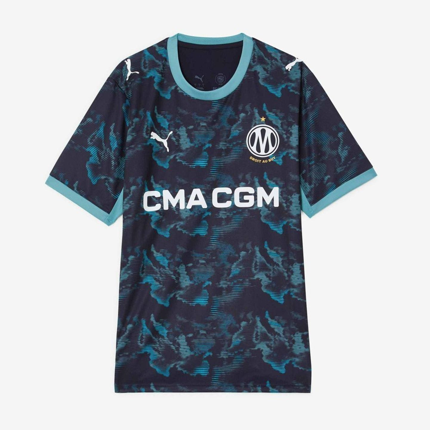 Maillot extérieur réplique OM 2026/27 PUMA, bleu marine à imprimé graphique nautique abstrait, vue à