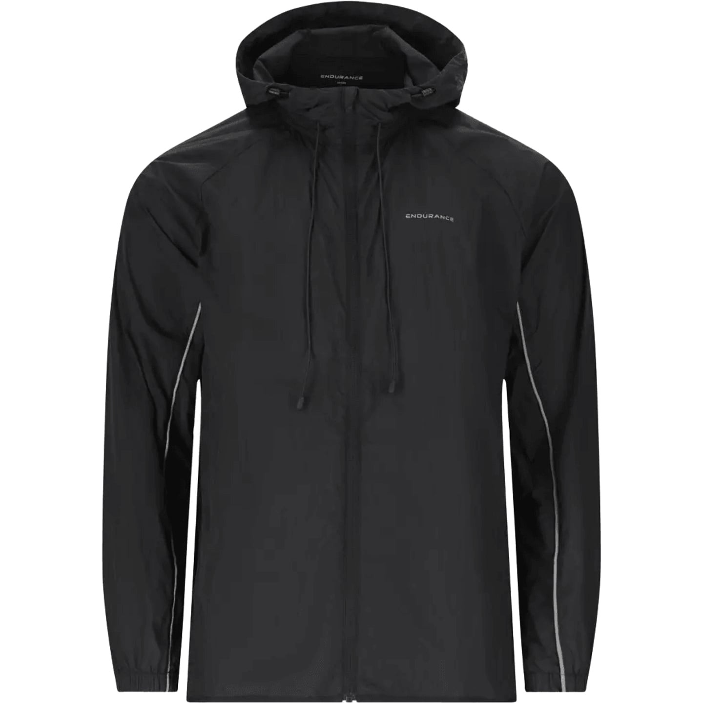 Veste coupe-vent noire Endurance Sinlaku pour homme, vue de face avec capuche et zip intégral