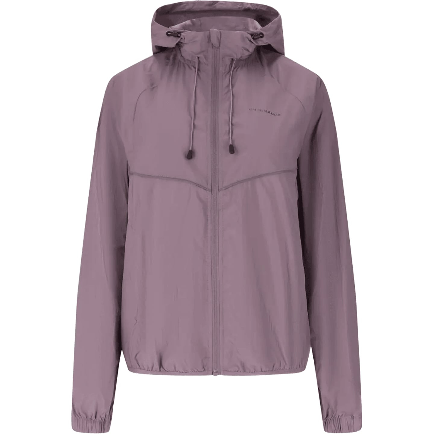 Vue de face de la veste de running femme Endurance Sinlaku violette avec capuche ajustable