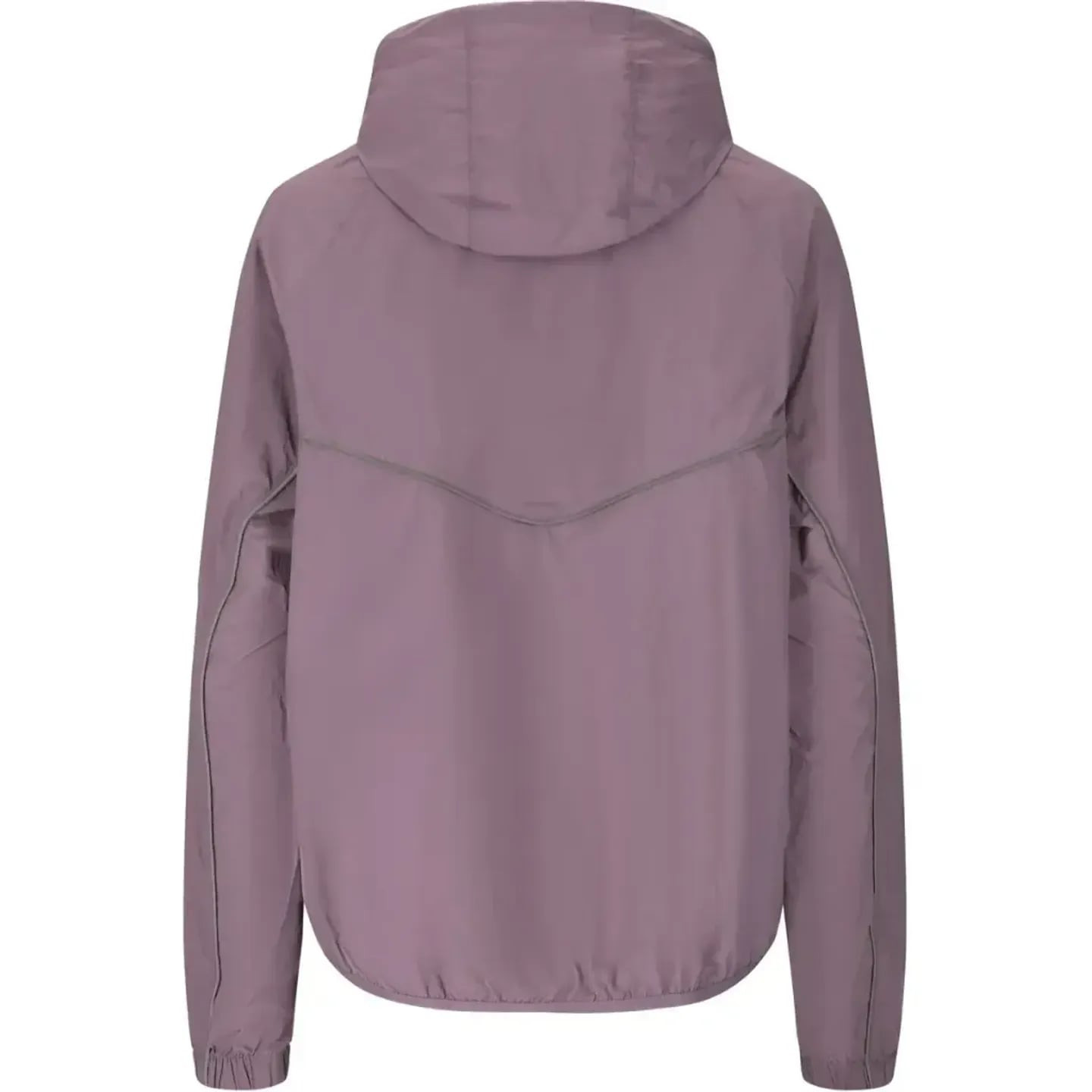 Vue arrière de la veste de running Endurance Sinlaku W femme violette avec capuche et couture en che