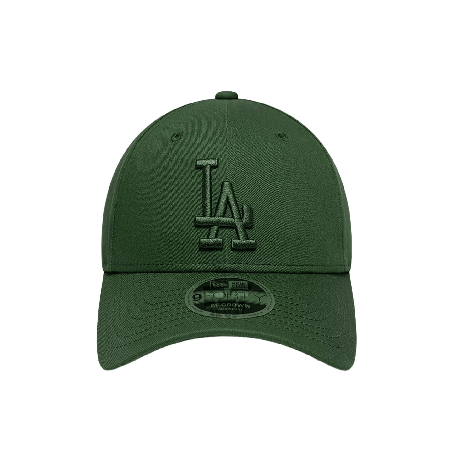Casquette New Era 9FORTY LA Dodgers vert foncé, vue de face avec logo brodé ton sur ton et autocolla