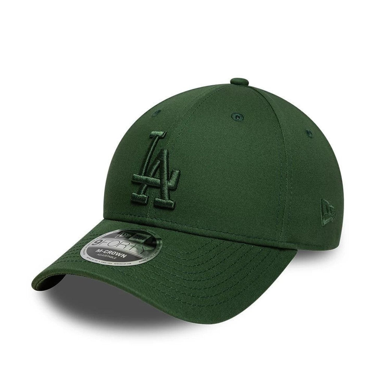 Vue de trois quarts d'une casquette New Era 9FORTY LA Dodgers verte avec logo LA et drapeau New Era 