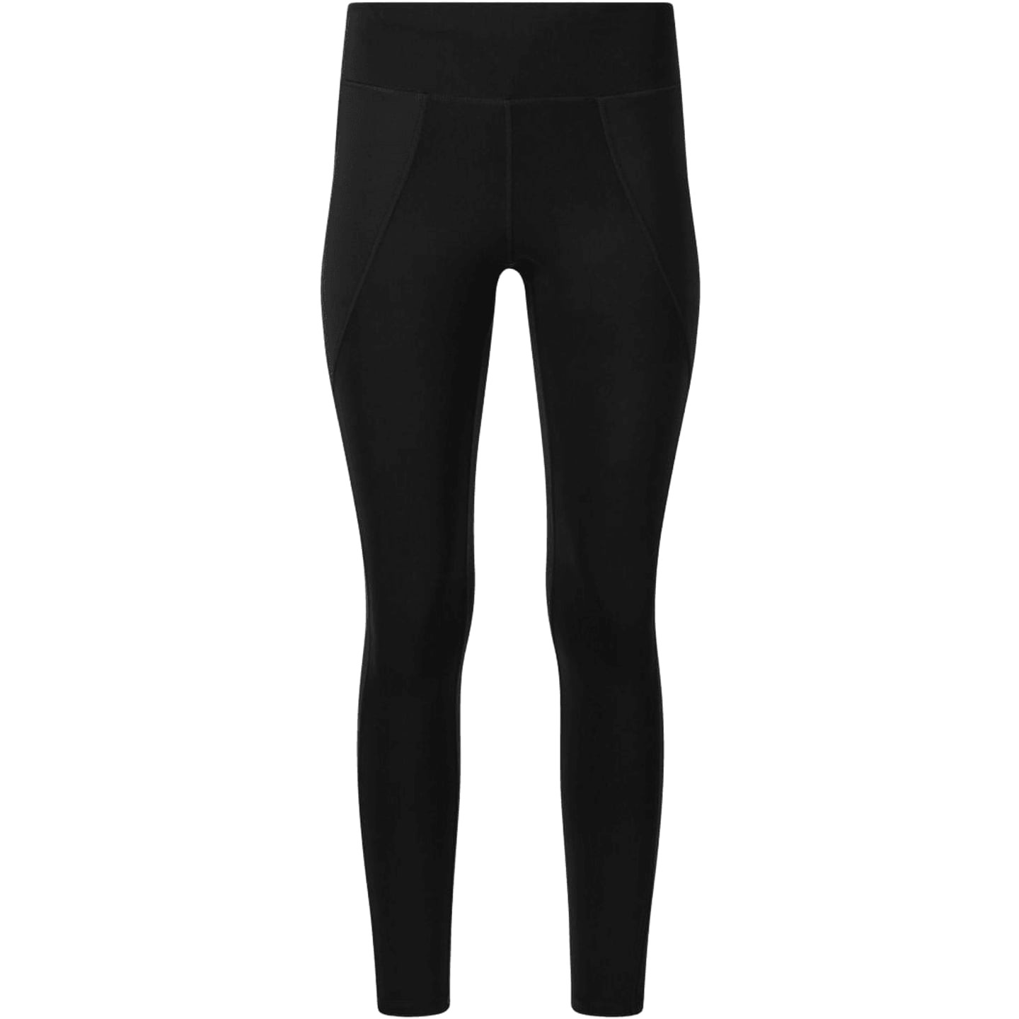 Vue de face d'un collant de sport noir taille haute pour femme avec coutures latérales sur fond blan