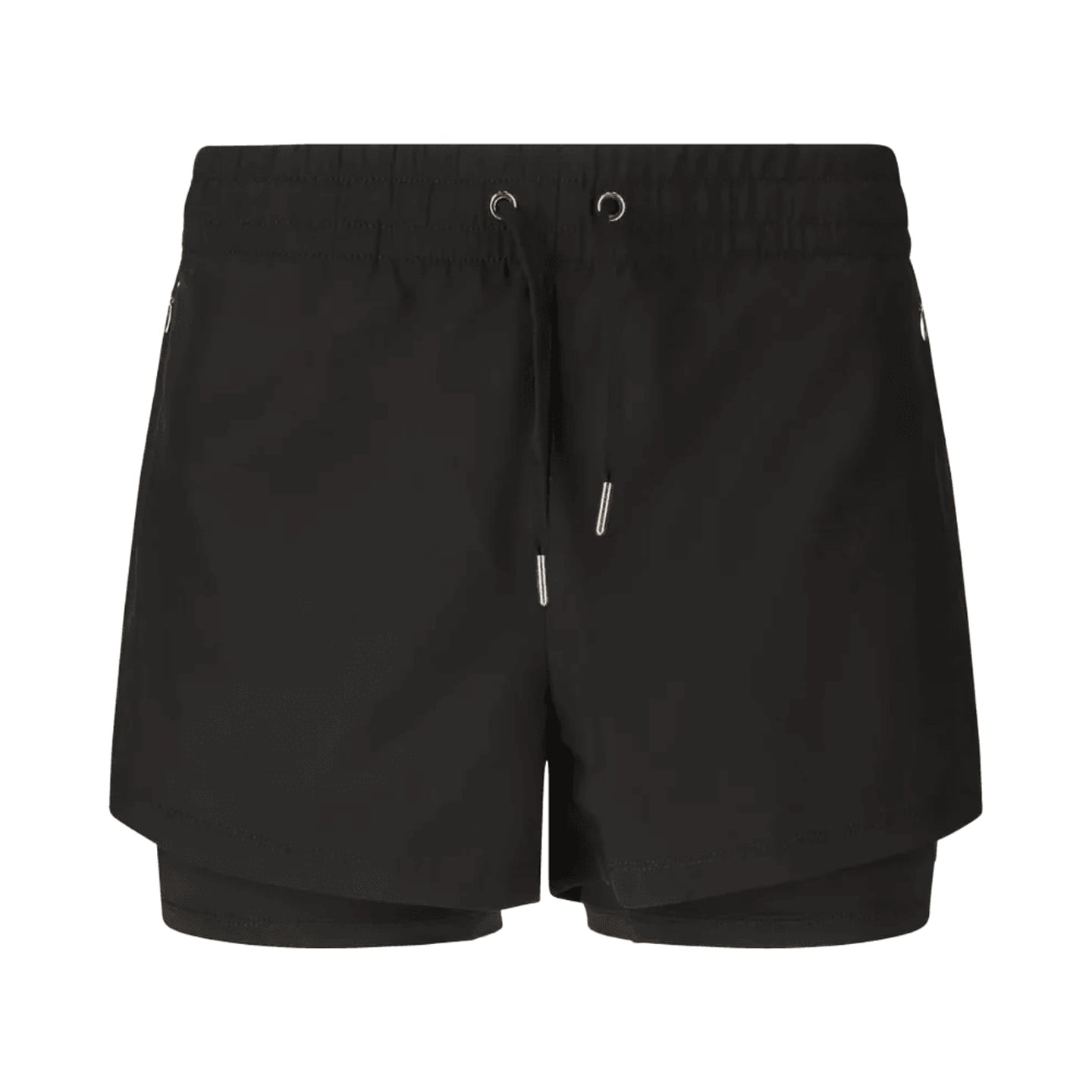 Athlecia RIZVI W short 2-en-1 noir, vue de face avec taille élastique à cordon et short intérieur in
