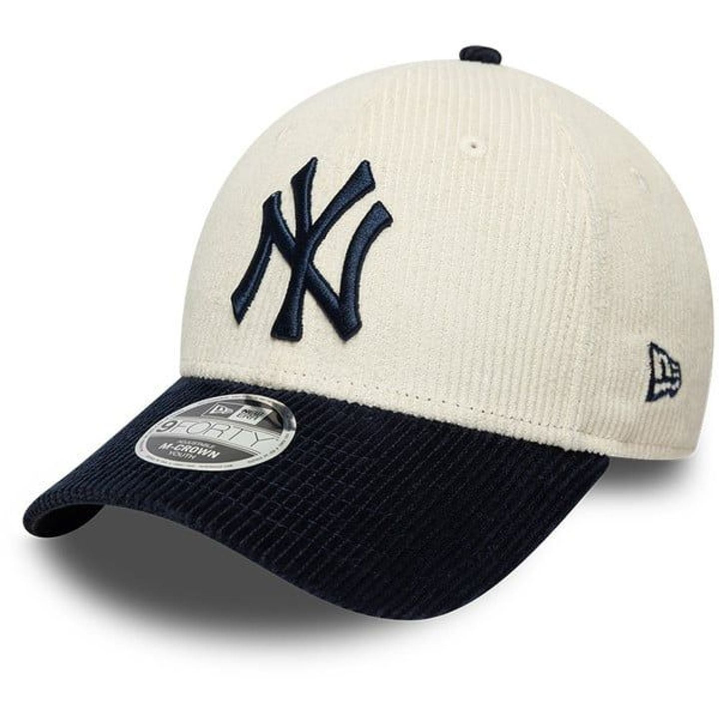 Casquette New Era CHYT CORD 9FORTY en velours côtelé crème, logo NY Yankees et visière marine, vue d