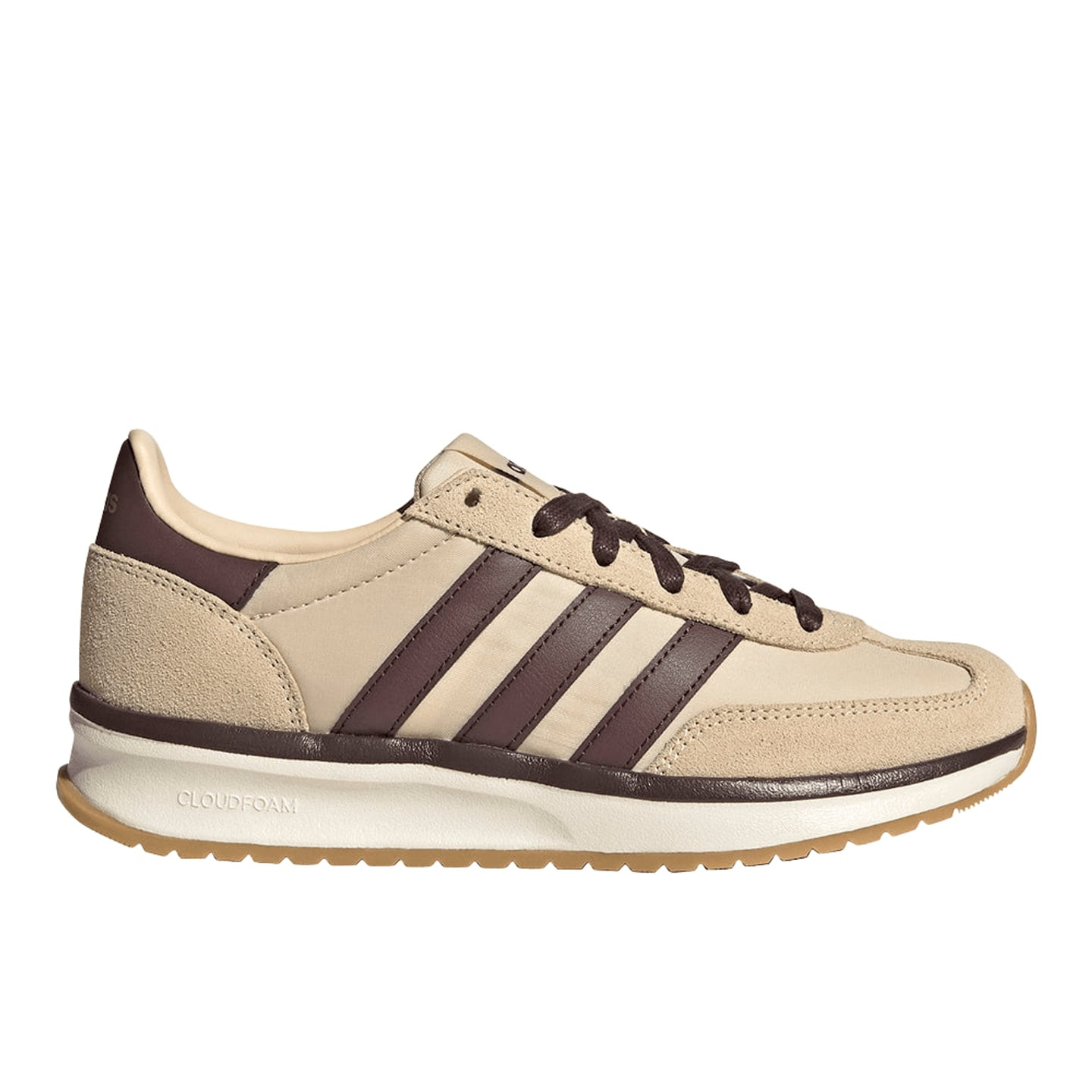 Vue de profil de la basket femme adidas Run 70s 2.0 beige, rayures marron foncé et semelle Cloudfoam