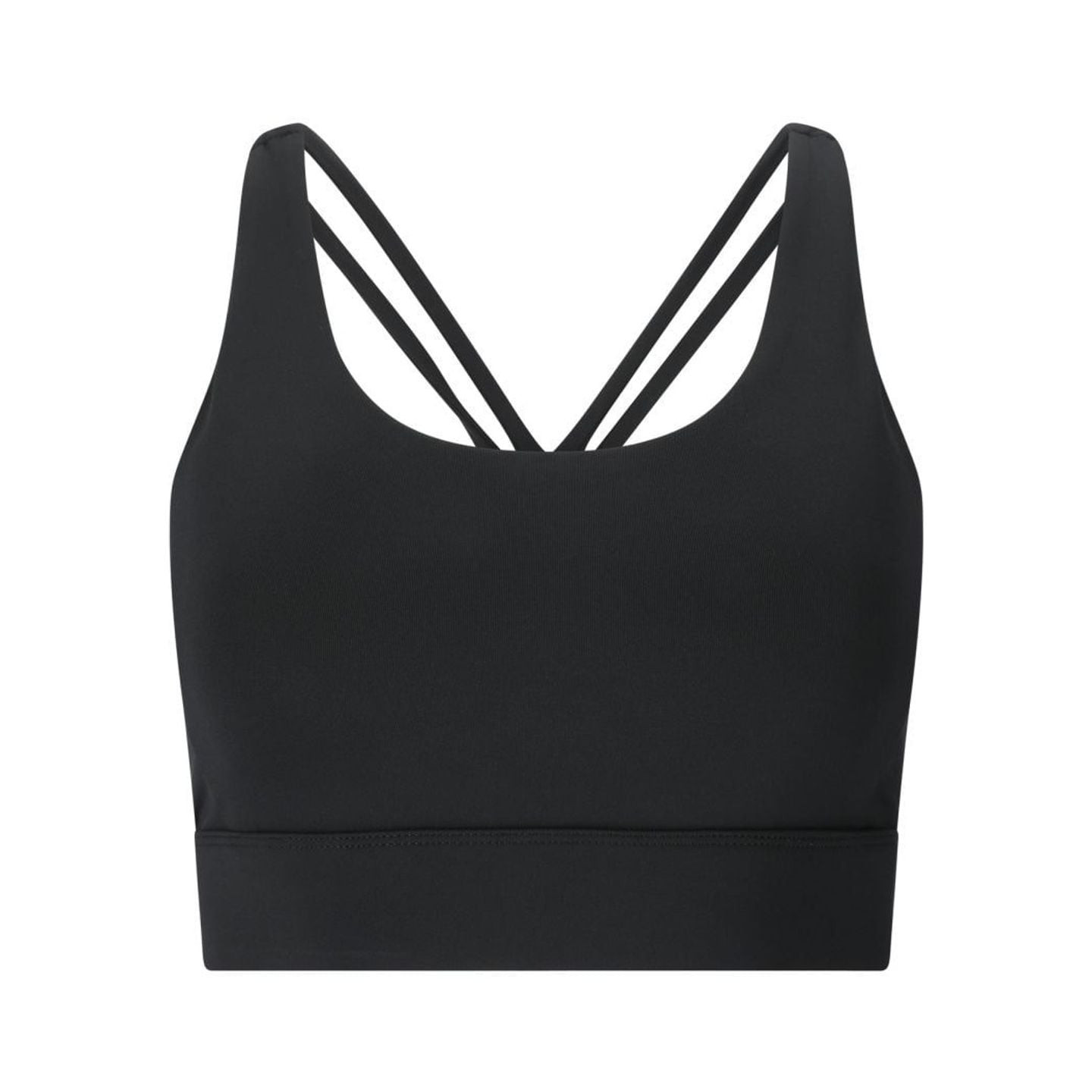 Brassière de sport Athlecia DIRENNA noire vue à plat, de face, doubles bretelles et large bande élas