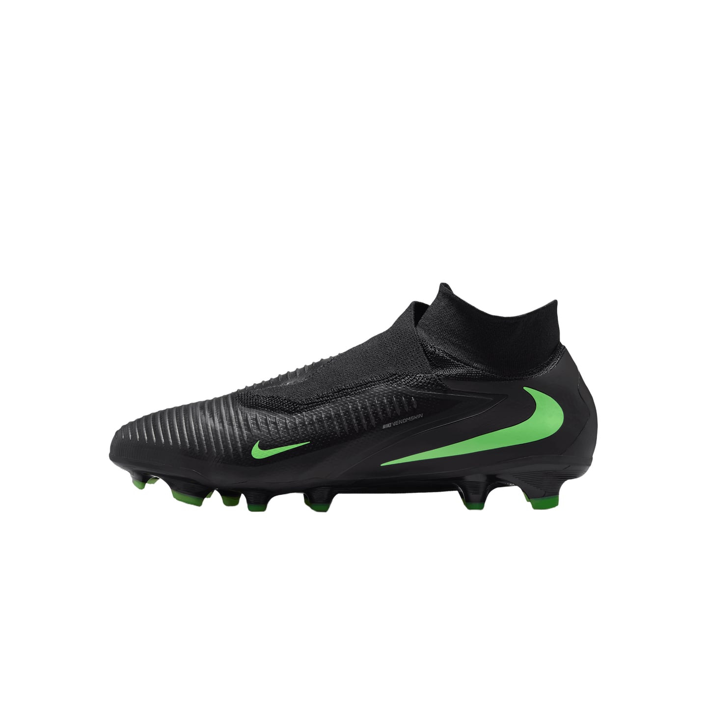 Vue de profil de la chaussure de football Nike Phantom 6 High Pro FG noire avec Swoosh vert et cramp