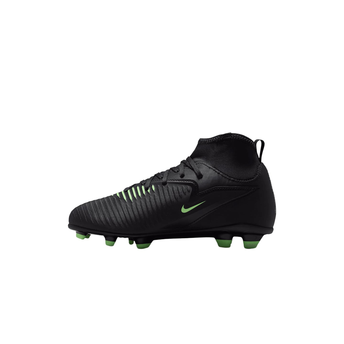 Vue de côté de la chaussure de football junior Nike Jr. Phantom 6 High Club noire à col haut et cram