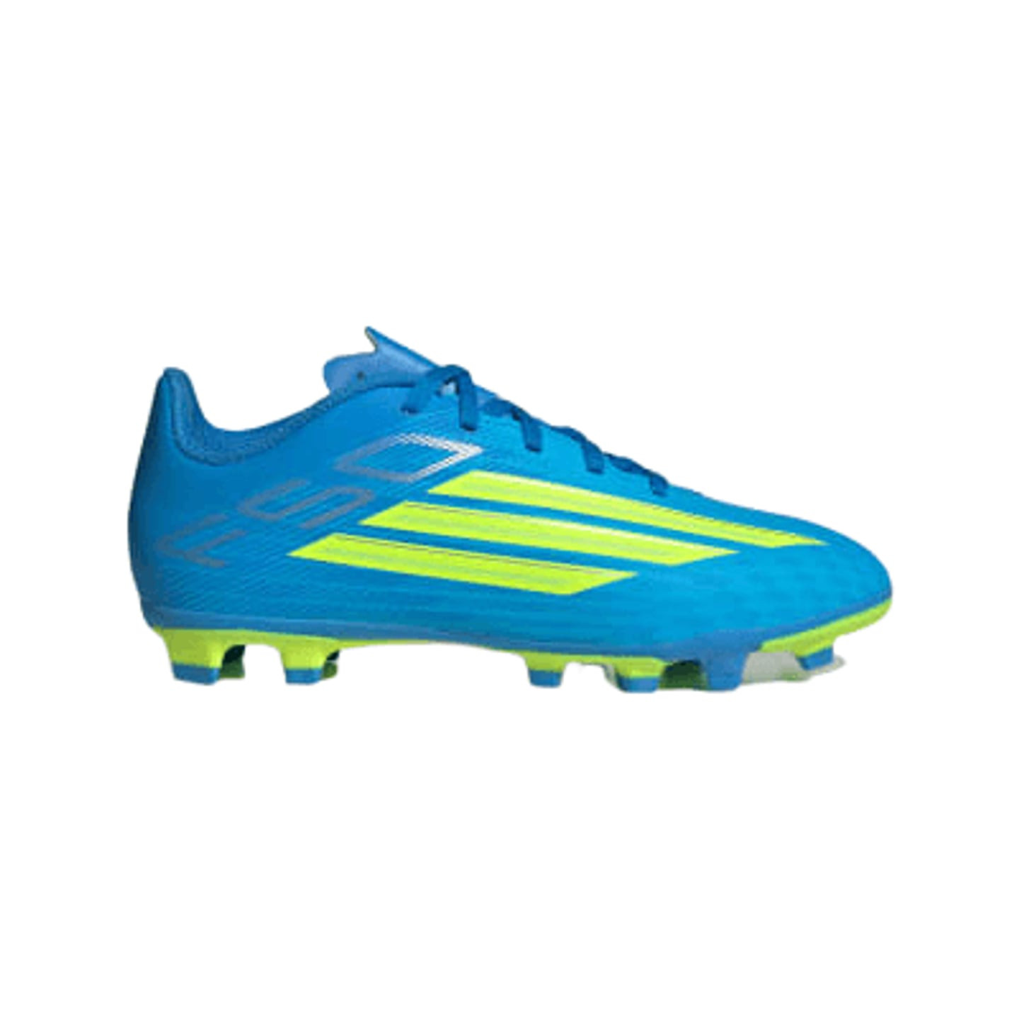 Vue de côté de la chaussure de football Adidas F50 Club FG/MG junior bleue avec trois bandes vert ci